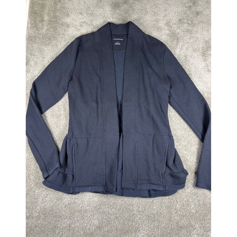 Anthropologie Navy Blue Ruffle Tiered Back Open Front Cardigan M OB1089506